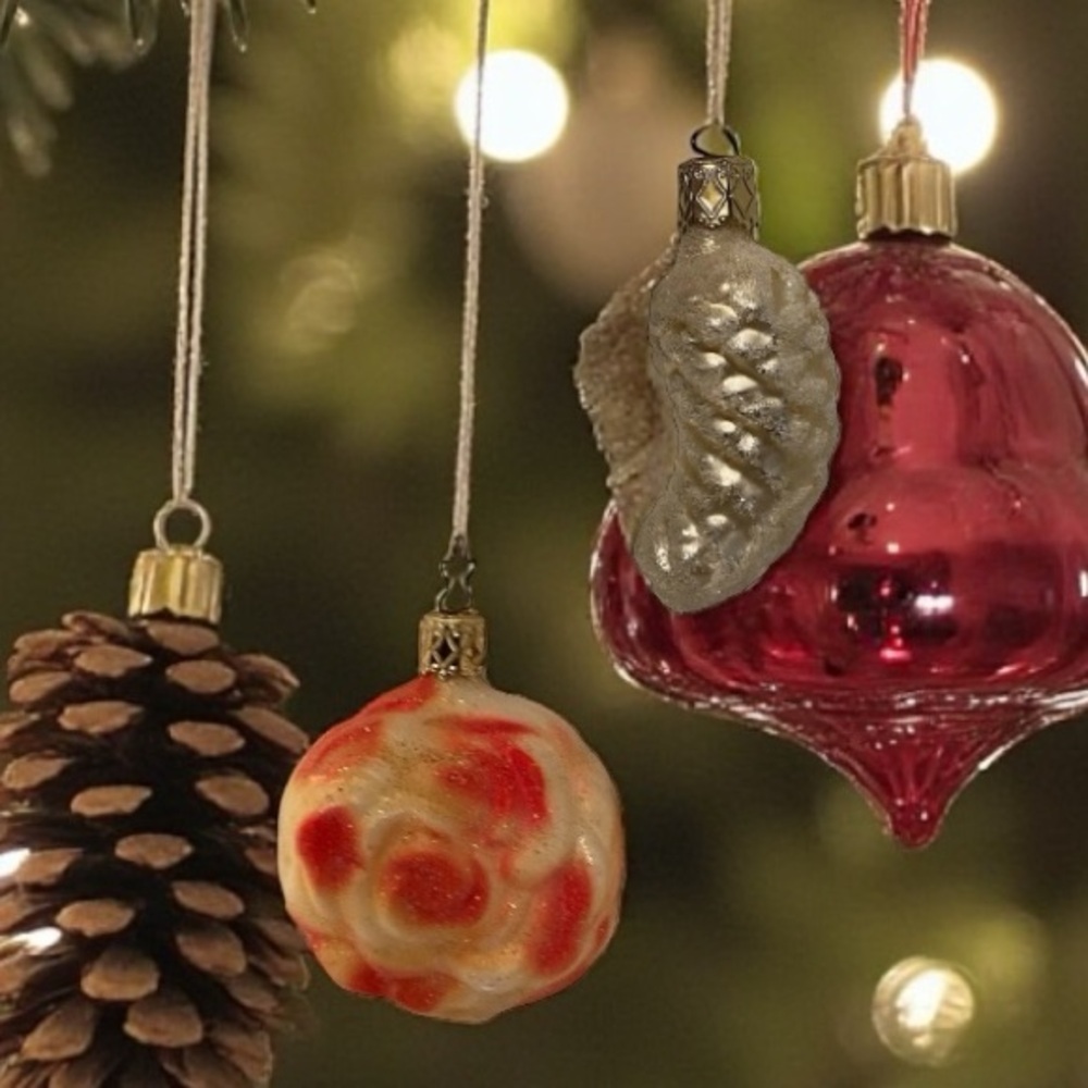 Two Inge Glas Christmas Ornaments Rose Beauty & Pinecone Sparkly Beige Germany